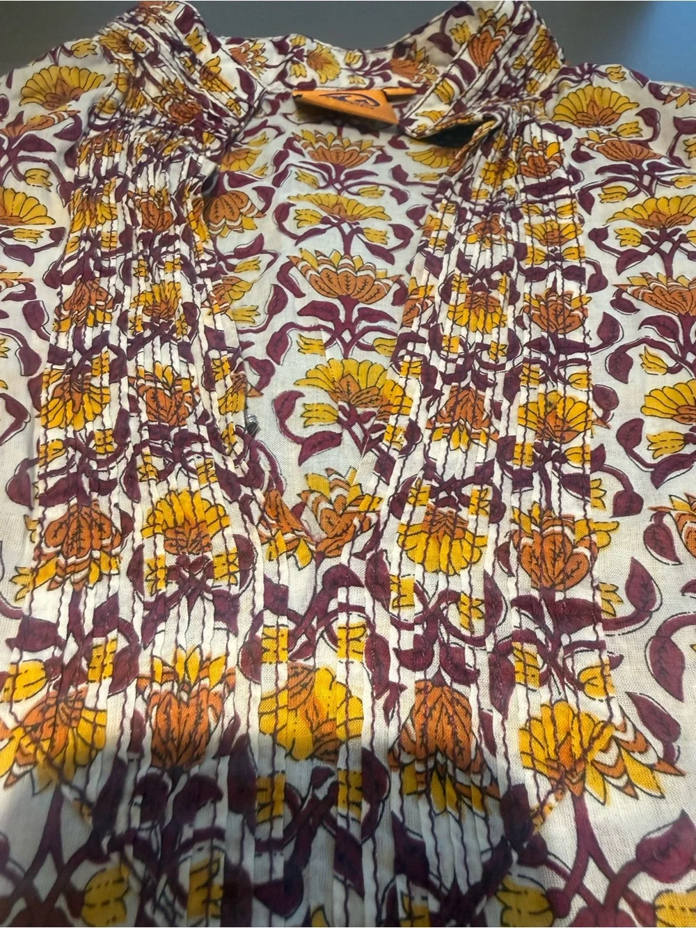 Tory Burch Cotton Mustard Yellow & Burgundy Floral Print Tunic Size 0 XS